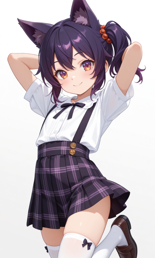 腕を頭の後ろに回している 狼耳の少女