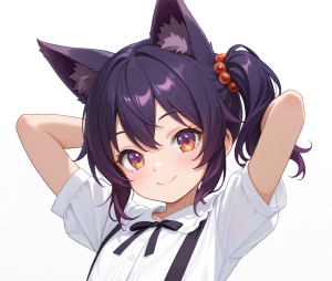 腕を頭の後ろに回している　狼耳の少女